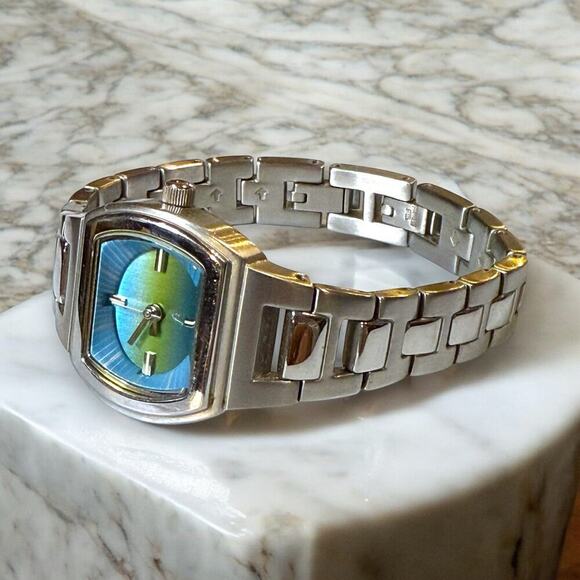 Retro Fossil F2 Watch Womens Stainless Steel Quartz Blue Yellow Dial WORKS - Picture 3 of 7